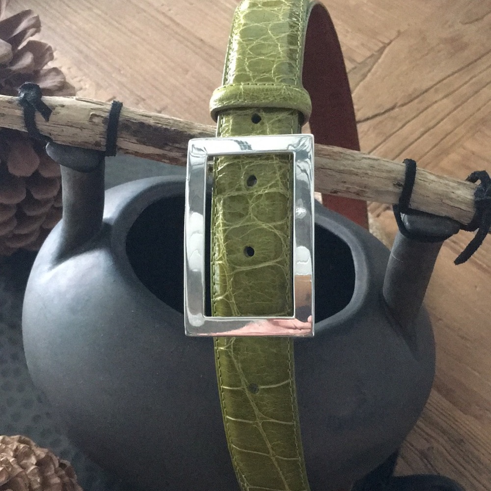 Pat Areias Sterling Silver (stamped) buckle on green alligator belt. Size 30